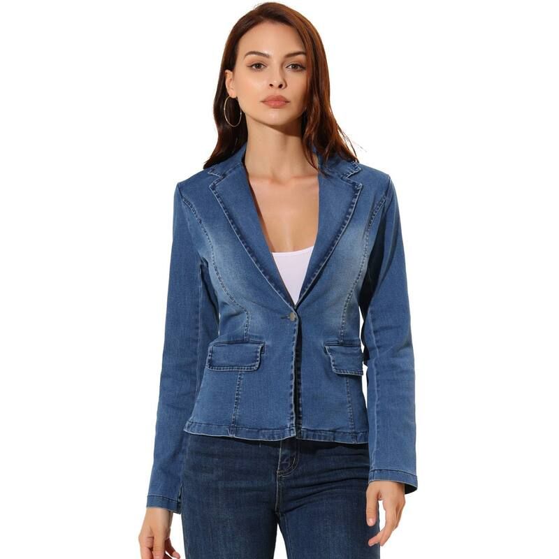 アレグラ ケー レディース アウター ジャケット・ブルゾン デニム ALLEGRA K Womens Notched Lapel Button Up Long Sleeve Washedenim Jacket Mid Blue ブルー