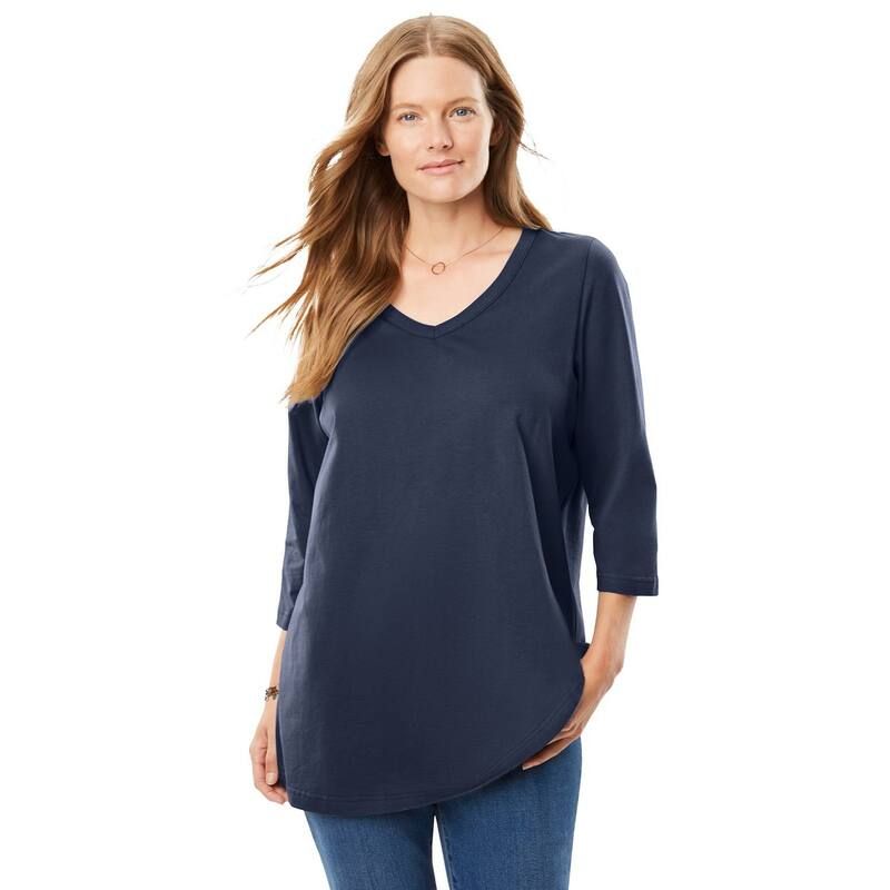 ウーマン ウィズイン レディース トップス Tシャツ Vネック プラスサイズ Woman Within Plusize PerfecthreeQuarter Sleeve VNeck Tee Navy ネイビー