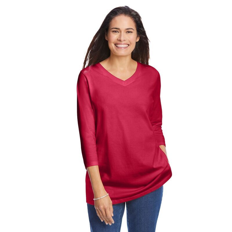 ウーマン ウィズイン レディース トップス Tシャツ Vネック プラスサイズ Woman Within Plusize PerfecthreeQuarter Sleeve VNeck Tee Classic Red レッド