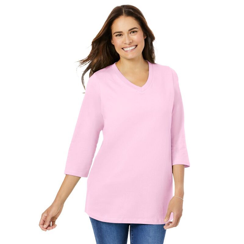 ウーマン ウィズイン レディース トップス Tシャツ Vネック プラスサイズ Woman Within Plusize PerfecthreeQuarter Sleeve VNeck Tee Pink ピンク