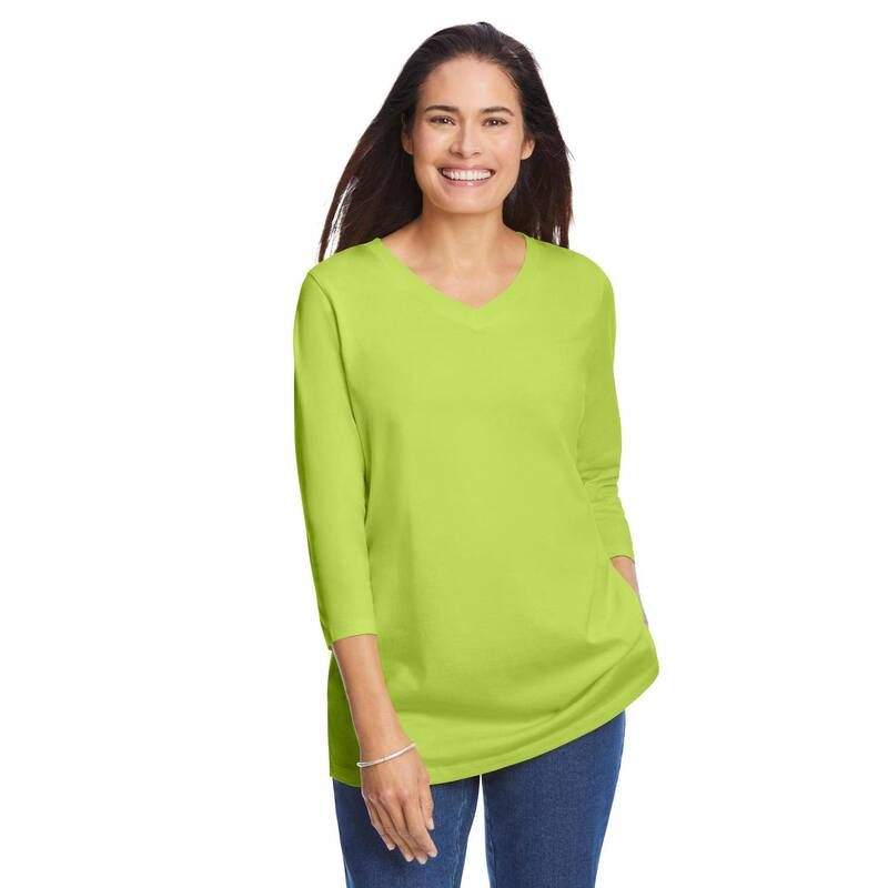ウーマン ウィズイン レディース トップス Tシャツ Vネック プラスサイズ Woman Within Plusize PerfecthreeQuarter Sleeve VNeck Tee Lime ライム