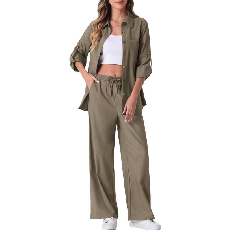 アレグラ ケー レディース アウター ジャケット・ブルゾン ワイドレッグ ボタンダウン パンツ シャツ ダウン リネン ALLEGRA K Womens 2 Piece Linen Set Button Down Shirt Drawstring Wide L