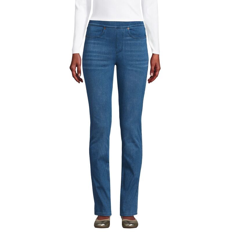 ランズエンド レディース ボトムス デニムパンツ プチ ジーンズ Petite Lands End Starfish MidRise PullOn Straight Jeans Medium Sea Blue ブルー