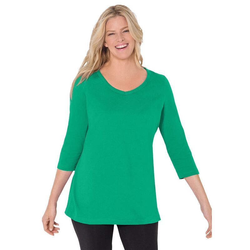 ウーマン ウィズイン レディース トップス Tシャツ Vネック プラスサイズ Woman Within Plusize PerfecthreeQuarter Sleeve VNeck Tee Tropical Emerald エメラルド