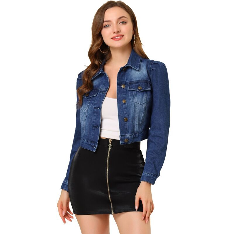 アレグラ ケー レディース アウター ジャケット・ブルゾン ボタンダウン デニム ALLEGRA K Womens Classicasual Puffy Sleeve Button Down Cropp Denim Jacket Dark Blue ブルー
