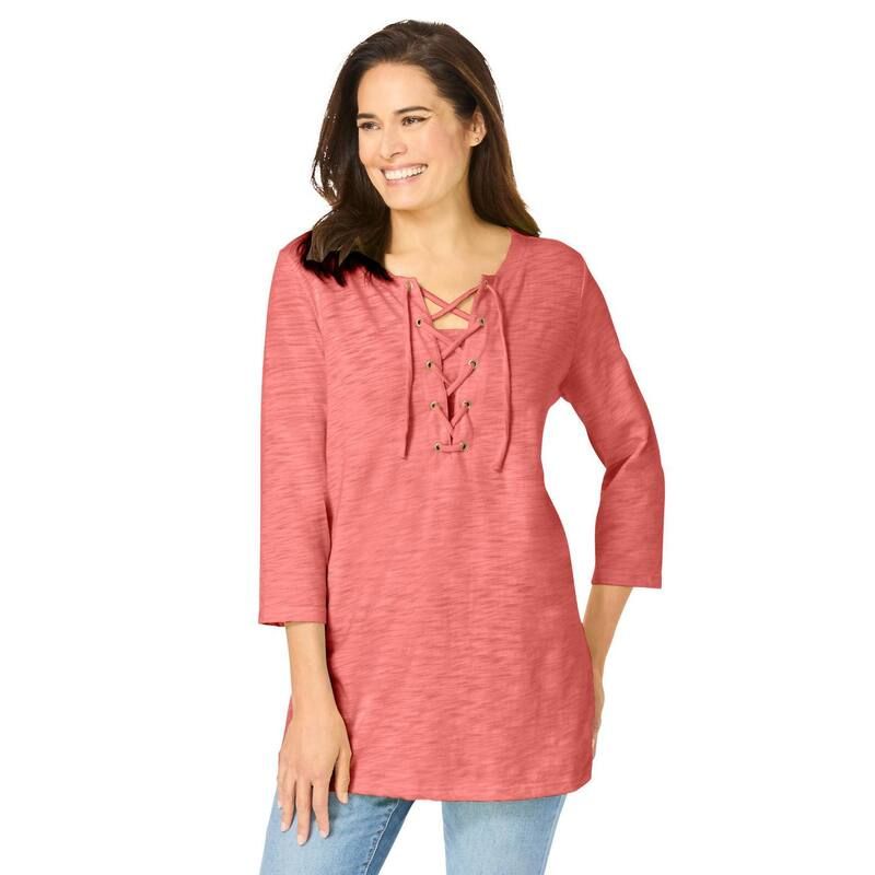 ウーマン ウィズイン レディース トップス Tシャツ プラスサイズ レース Woman Within Plusize LaceUp ThreeQuarter Sleeve Tee Sweet Coral コーラル
