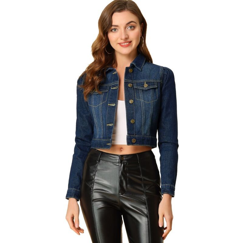アレグラ ケー レディース アウター ジャケット・ブルゾン ボタンダウン デニム ALLEGRA K Womens Classicasual Puffy Sleeve Button Down Cropp Denim Jacket Blue Black ブラック