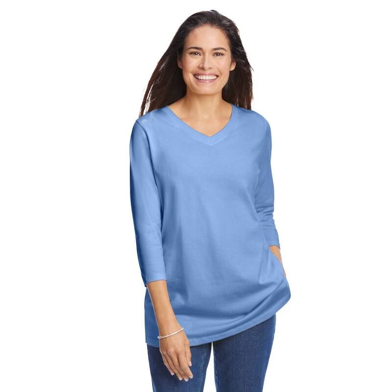 ウーマン ウィズイン レディース トップス Tシャツ Vネック プラスサイズ Woman Within Plusize PerfecthreeQuarter Sleeve VNeck Tee French Blue ブルー