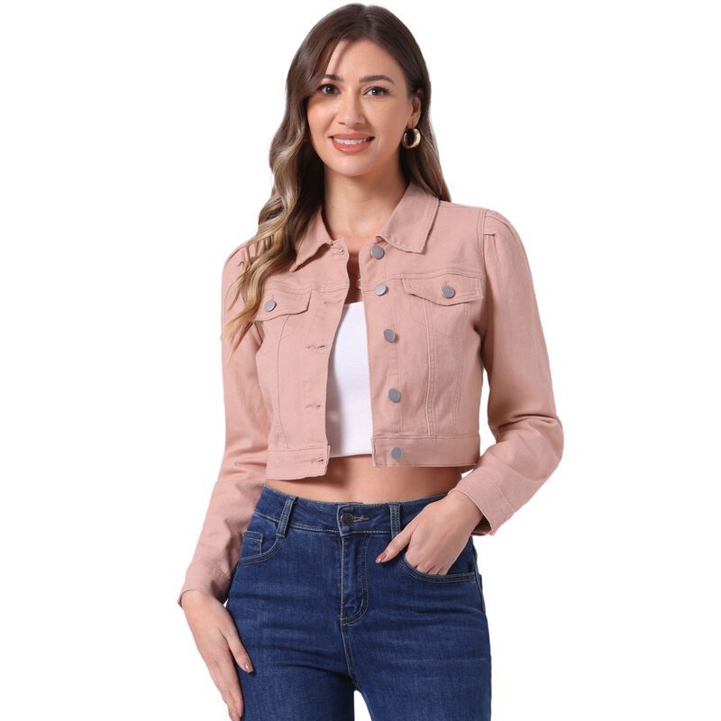 アレグラ ケー レディース アウター ジャケット・ブルゾン ボタンダウン デニム ALLEGRA K Womens Classicasual Puffy Sleeve Button Down Cropp Denim Jacket Pink ピンク