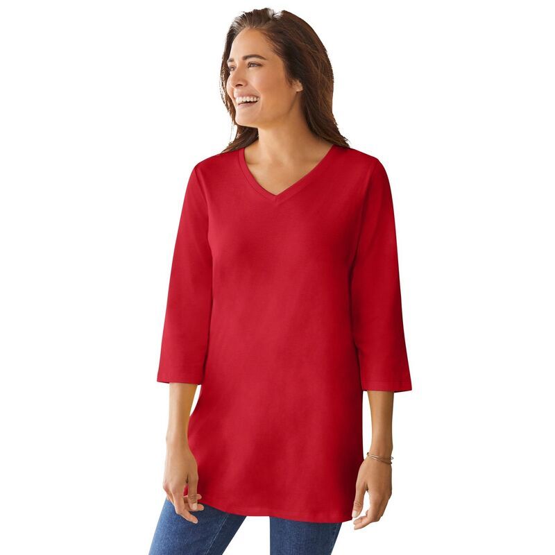 ウーマン ウィズイン レディース トップス Tシャツ Vネック プラスサイズ Woman Within Plusize PerfecthreeQuarter Sleeve VNeck Tuniclassic Red レッド