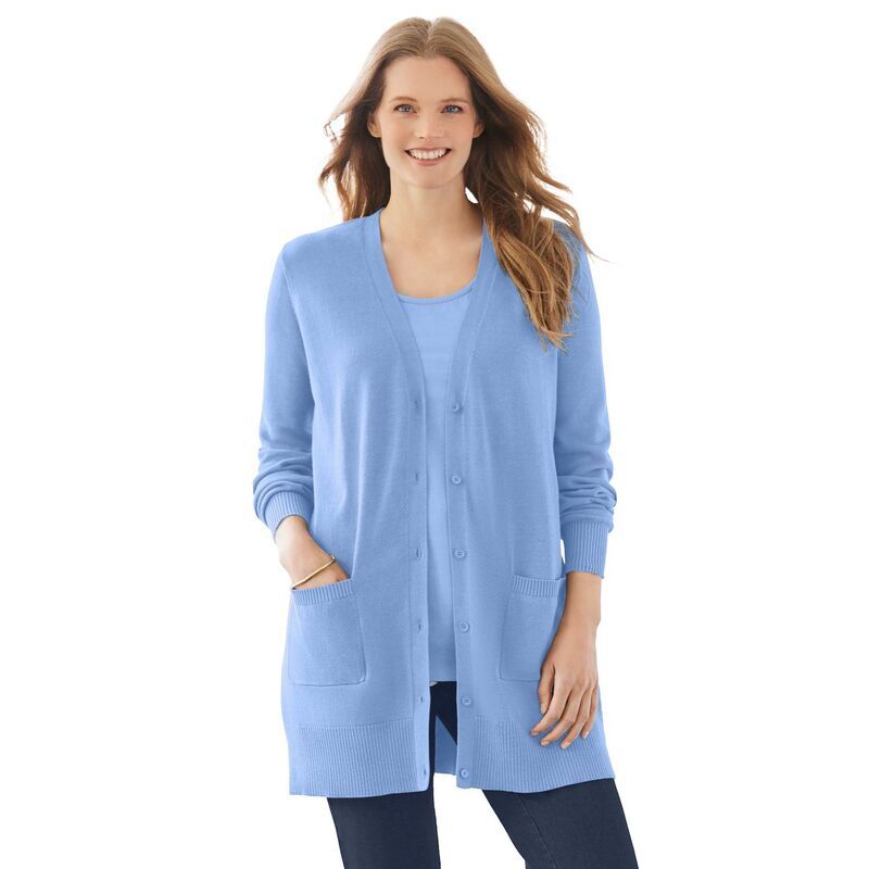 ウーマン ウィズイン レディース アウター ニット・セーター プラスサイズ コットン カーディガン Woman Within Plusize Perfect LongerLength Cotton Cardigan Sweater French Blue ブル