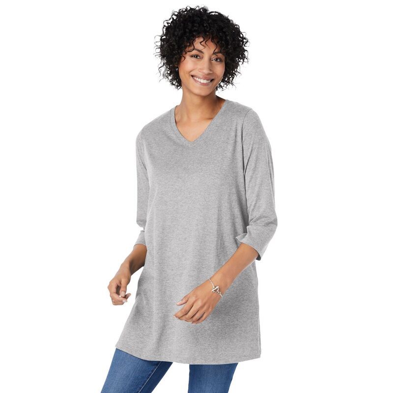 ウーマン ウィズイン レディース トップス Tシャツ Vネック プラスサイズ Woman Within Plusize PerfecthreeQuarter Sleeve VNeck Tunic Heather Grey グレー