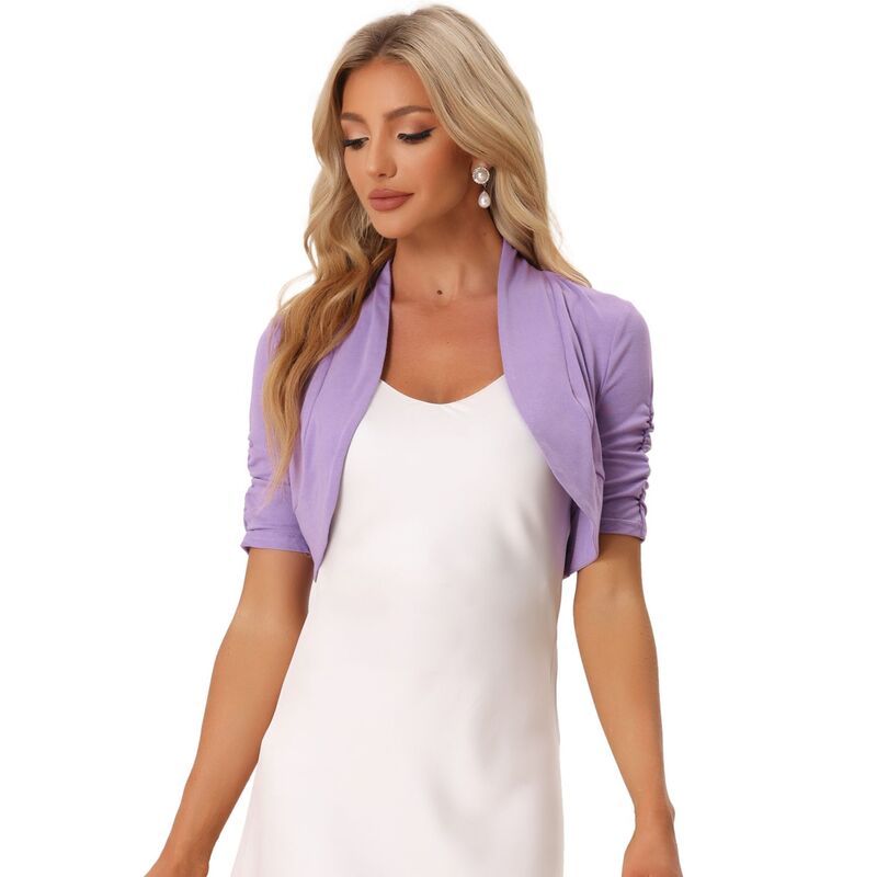 アレグラ ケー レディース アウター ニット・セーター ギャザー カーディガン クロップド ALLEGRA K Womens Ruched Short Sleeve Shrugs Bolero Cropped Open Front Cardigan Lilac
