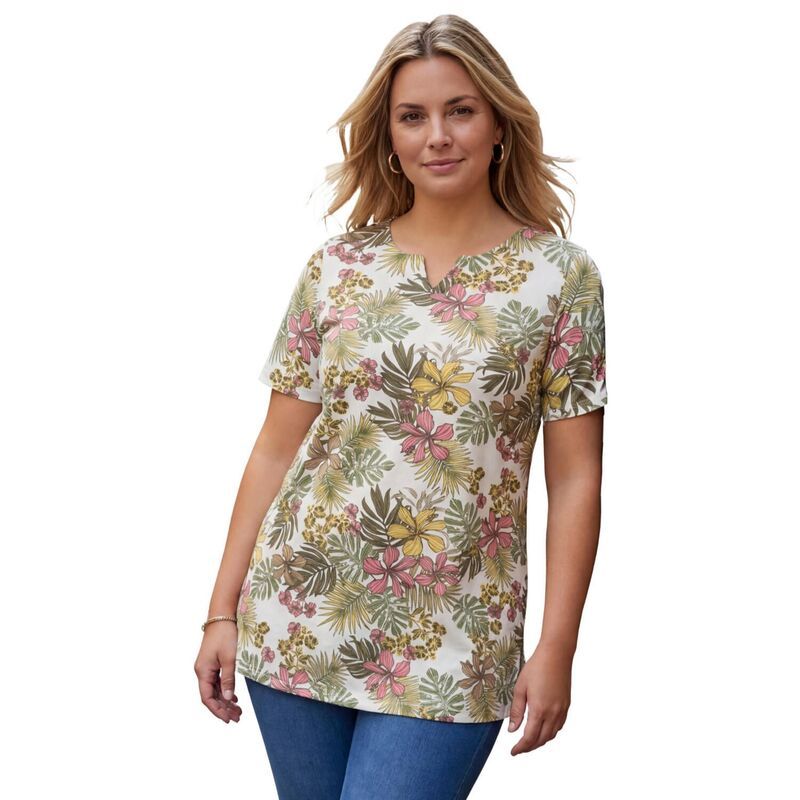 ロアマンズ レディース トップス Tシャツ プラスサイズ プリント ニット Roamans Womens Plusize Soft Knit Printunic With Notch Neckline White Tropical Floral ホワイト