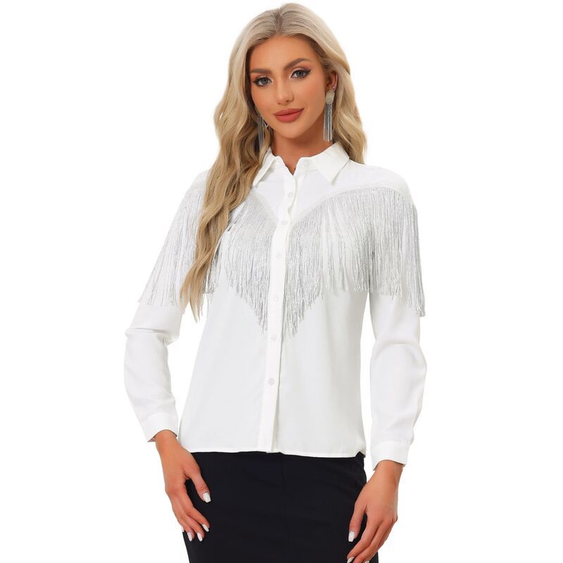 アレグラ ケー レディース トップス シャツ ボタンダウン ブラウス フリンジ ALLEGRA K Womens Fringe Blouse Long Sleeve Button Down Disco Party Shirts White ホワイト