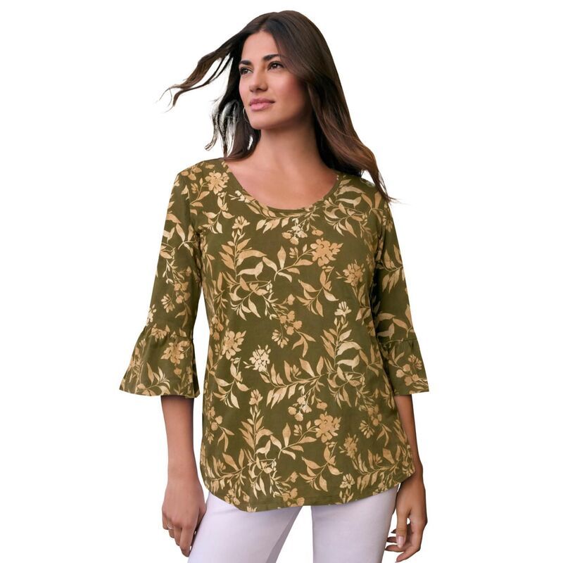 ロアマンズ レディース トップス Tシャツ プラスサイズ コットン Roamans Womens Plusize Cotton Ultimate Bell Sleeve Tee Dark Olive Green グリーン
