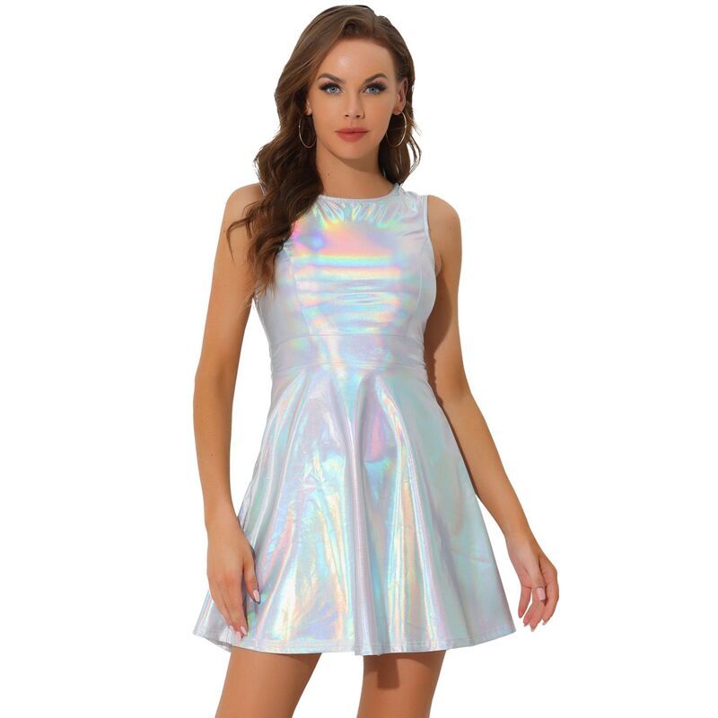 アレグラ ケー レディース トップス ワンピース ハイウエストール ノースリーブ ALLEGRA K Womens Metallic Sleeveless Round Neck High Waist Fit and Flare Dressilver シルバー