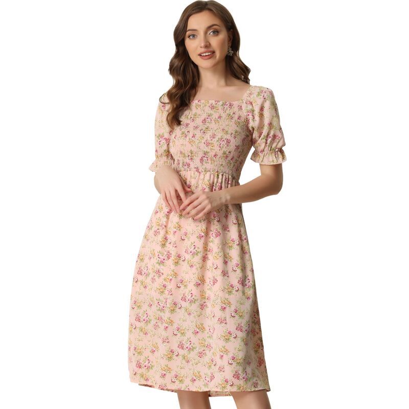 アレグラ ケー レディース トップス ワンピース フラワー柄 ミディ シャーリング フラワー ALLEGRA K Womensmocked Floral Square Neck Short Puff Sleeve Summer Midi Dress Pink