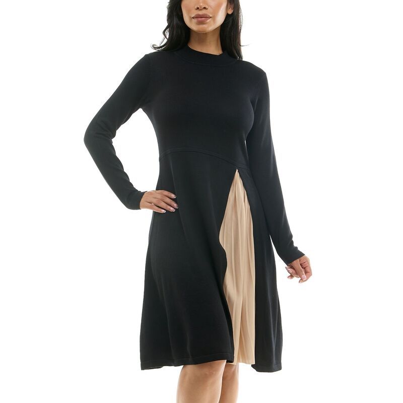 ニナレオナルド レディース トップス ワンピース モックネック セーター Womens Nina Leonard Mockneck Pleat Sweater Dress Black Tan ブラック
