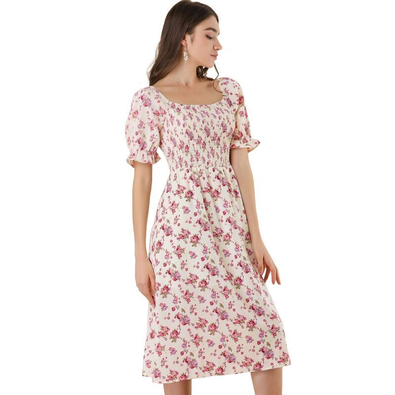 アレグラ ケー レディース トップス ワンピース フラワー柄 ミディ シャーリング フラワー ALLEGRA K Womensmocked Floral Square Neck Short Puff Sleeve Summer Midi Dress Beige
