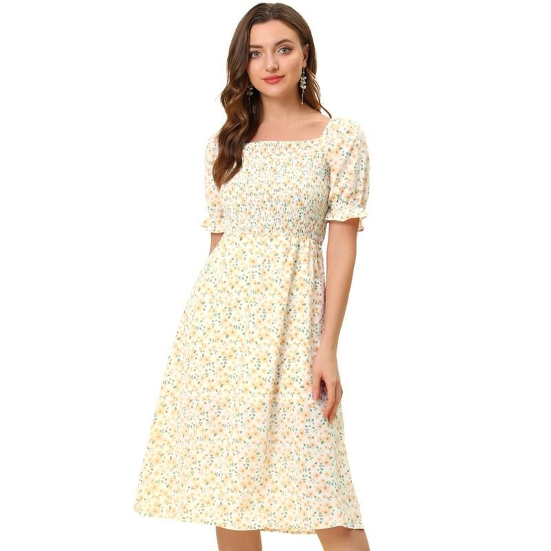アレグラ ケー レディース トップス ワンピース フラワー柄 ミディ シャーリング フラワー ALLEGRA K Womensmocked Floral Square Neck Short Puff Sleeve Summer Midi Dress Orang