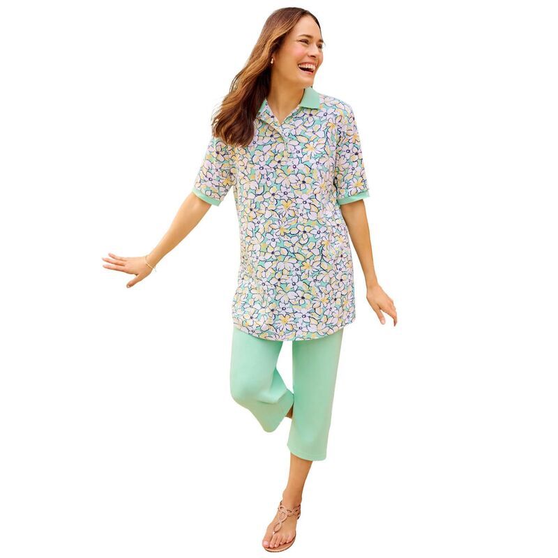 ウーマン ウィズイン レディース トップス Tシャツ ポロシャツ プラスサイズ Woman Within PlusizelbowSleeve Polo Tunic Seafoam Petal Bloom