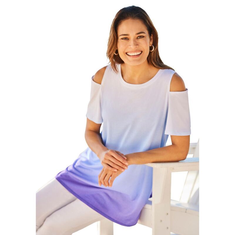 ウーマン ウィズイン レディース トップス Tシャツ プラスサイズ 半袖 Woman Within Plusize ShortSleeve ColdShoulder Tee Purple Orchid Ombre パープル