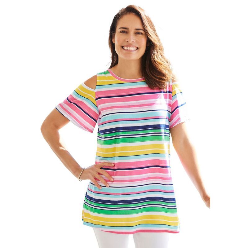 ウーマン ウィズイン レディース トップス Tシャツ プラスサイズ 半袖 Woman Within Plusize ShortSleeve ColdShoulder Tee White Charming Stripe ホワイト