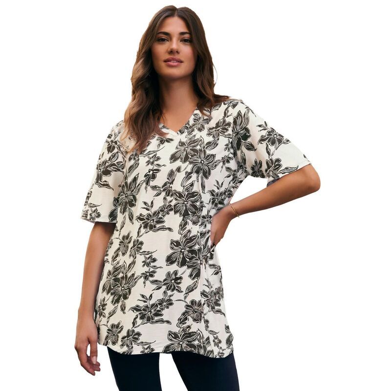 ロアマンズ レディース トップス Tシャツ Vネック プラスサイズ Roamans Womens Plusize Slub VNeck Boyfriend Tunic Top White Crocus Flowers ホワイト