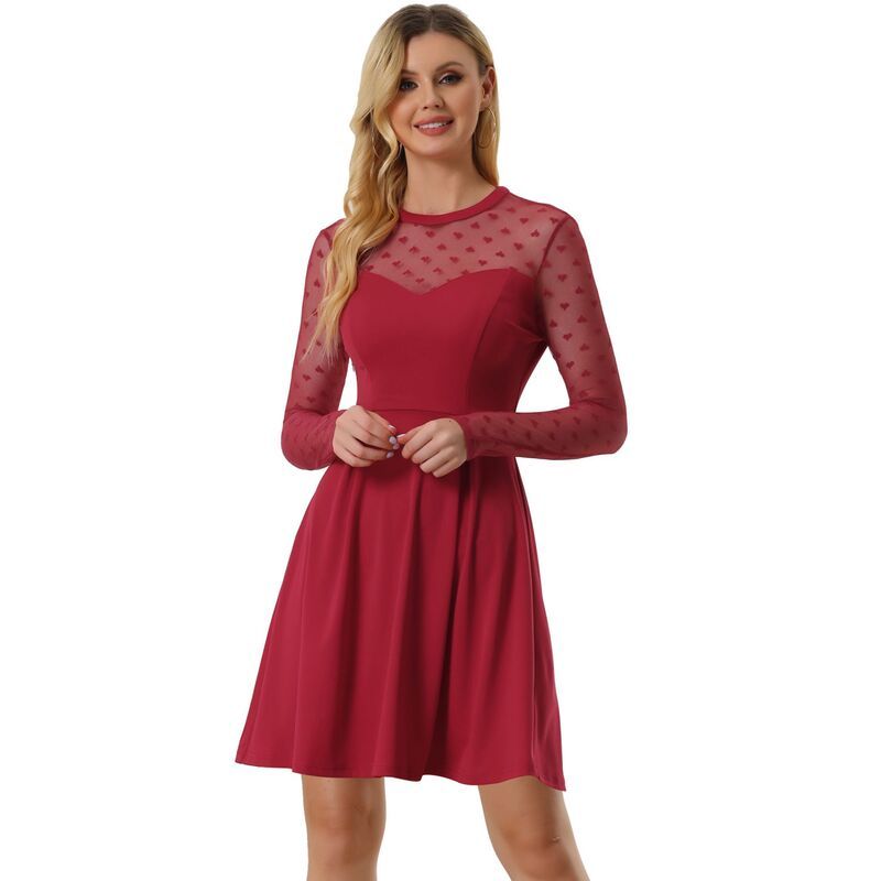 アレグラ ケー レディース トップス ワンピース A ライン ドット メッシュ シアー ALLEGRA K Womens Heart Polka Dots Mesheer Skater Prom ALine Short Dress Red レッド