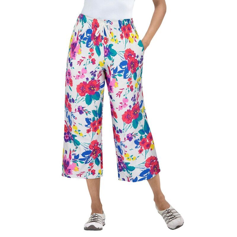 ウーマン ウィズイン レディース ボトムス カジュアルパンツ プラスサイズ プチ キャップ ニット Woman Within Plusize Petite SportKnit PullOn Capri Pants White Coral Floral ホワイト