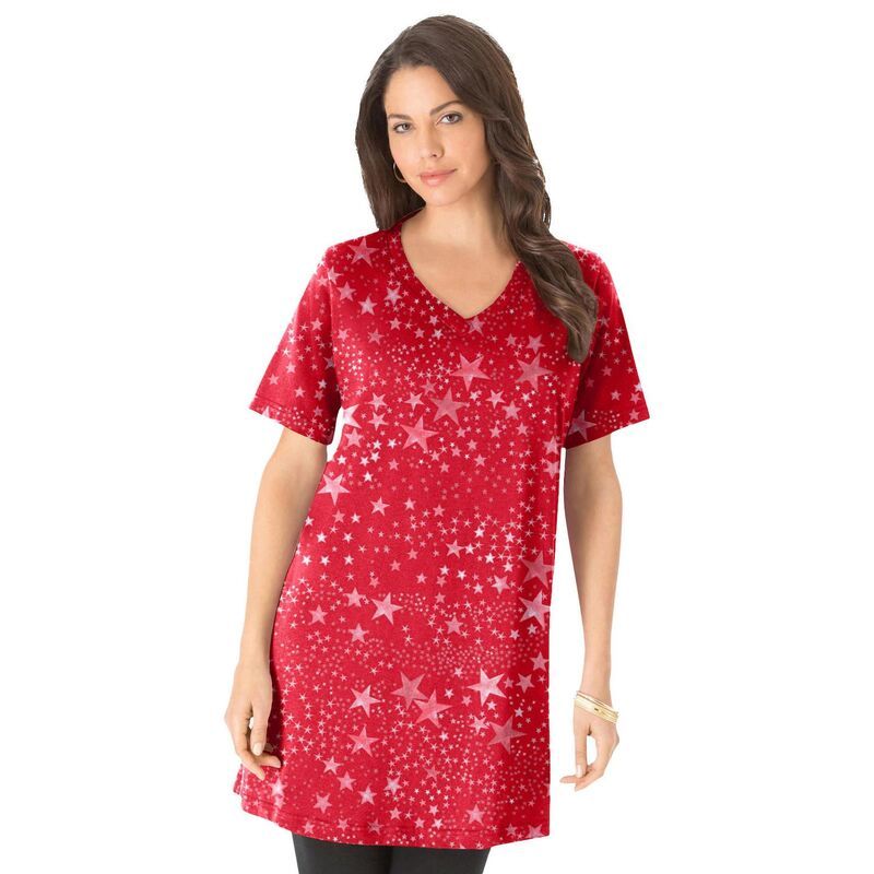 ロアマンズ レディース トップス Tシャツ Vネック プラスサイズ コットン Roamans Womens Plusize Cotton Short Sleeve VNeck Ultimate Tunic Vivid Red Stars レッド