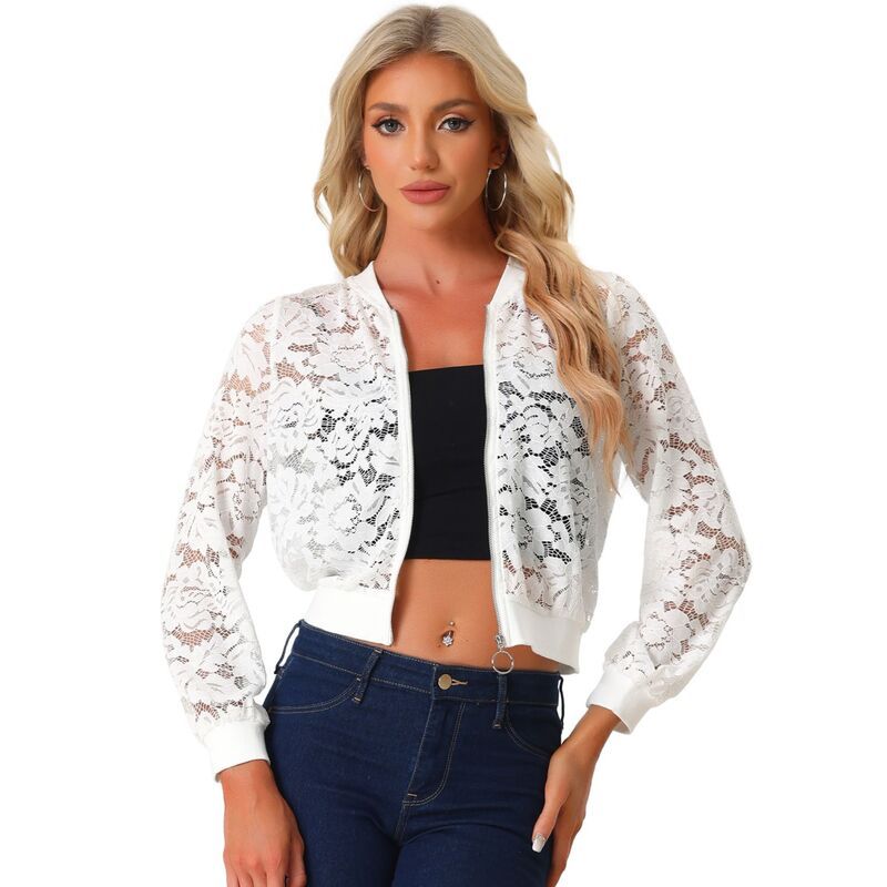 アレグラ ケー レディース アウター ジャケット・ブルゾン メッシュ シアー レース ALLEGRA K Lace Jackets For Womenstand Collar Zip Up Mesheer Bomber Jacket White ホワイト
