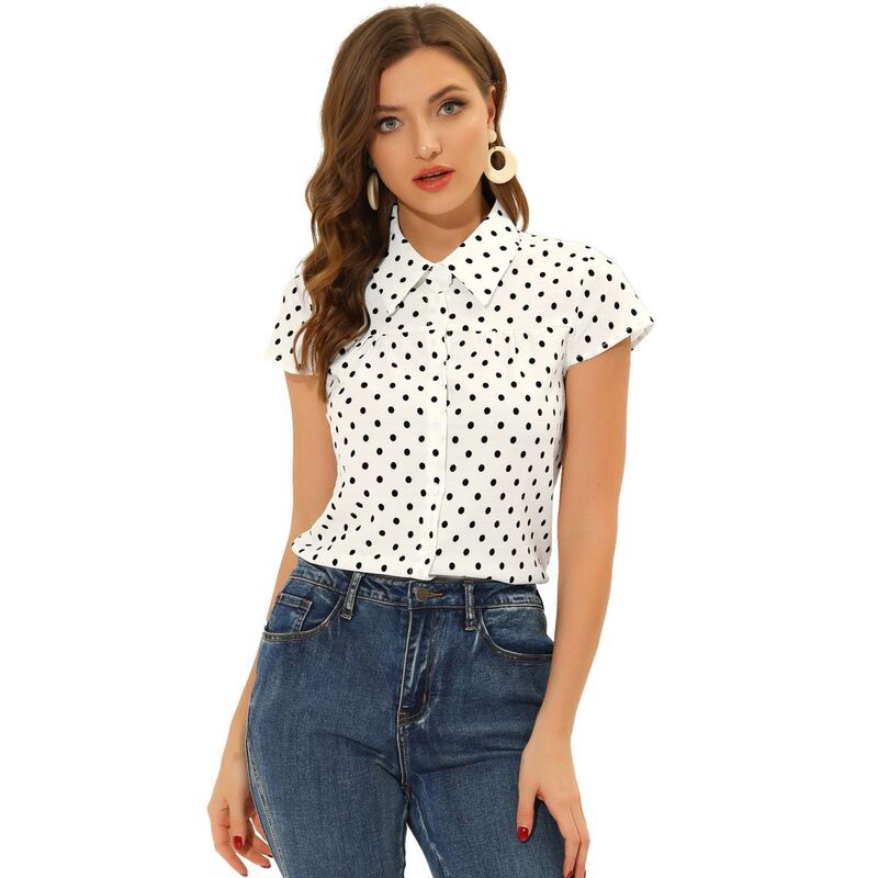 アレグラ ケー レディース トップス シャツ ヴィンテージ ドット ALLEGRA K Womenshort Sleeve Tops Vintage Polka Dots Button Up Shirt White ホワイト