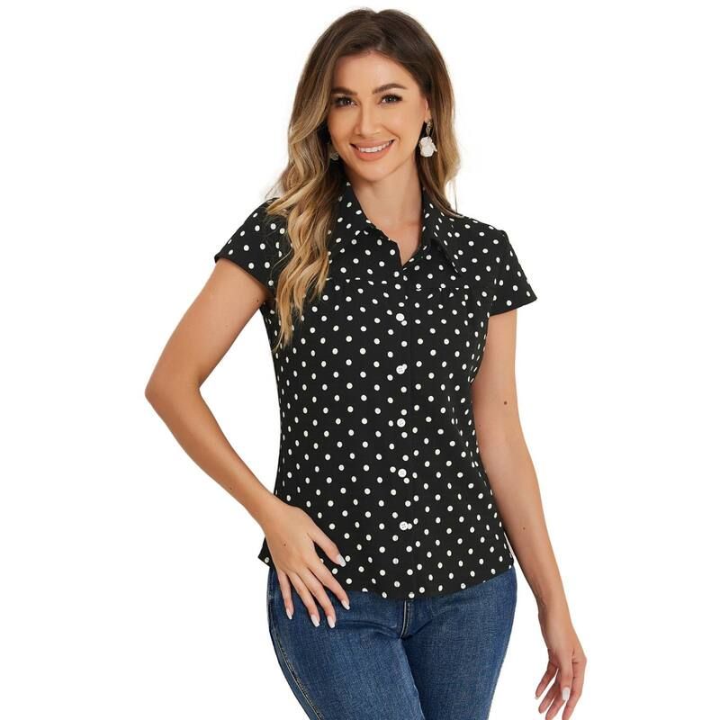 アレグラ ケー レディース トップス シャツ ヴィンテージ ドット ALLEGRA K Womenshort Sleeve Tops Vintage Polka Dots Button Up Shirt Black ブラック