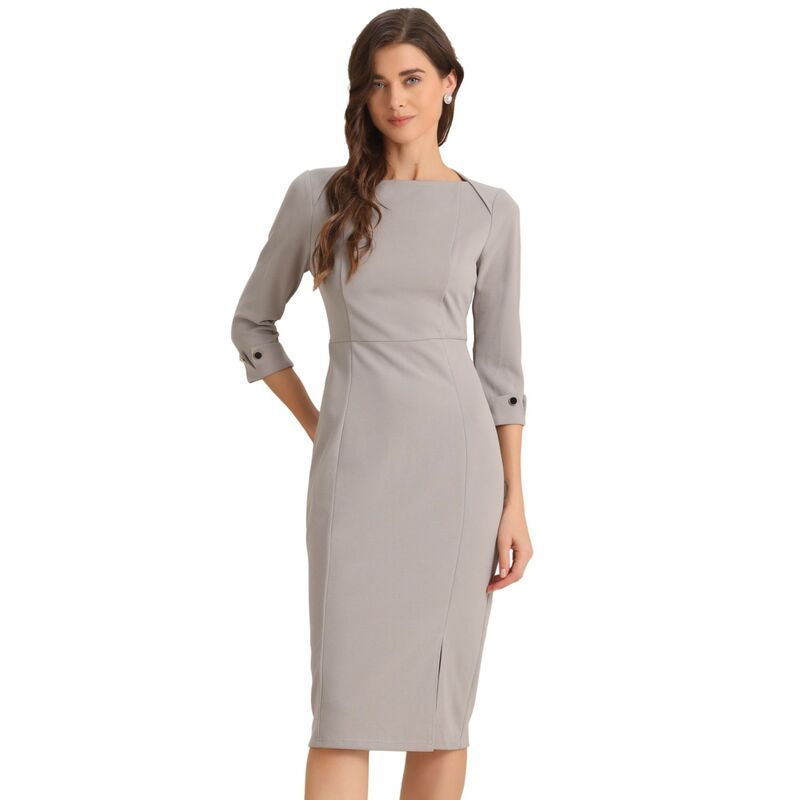アレグラ ケー レディース トップス ワンピース ミディ ALLEGRA K Womens Elegant Boat Neck 34 Sleeves Wear To Work Midi Split Sheath Dress Grey グレー