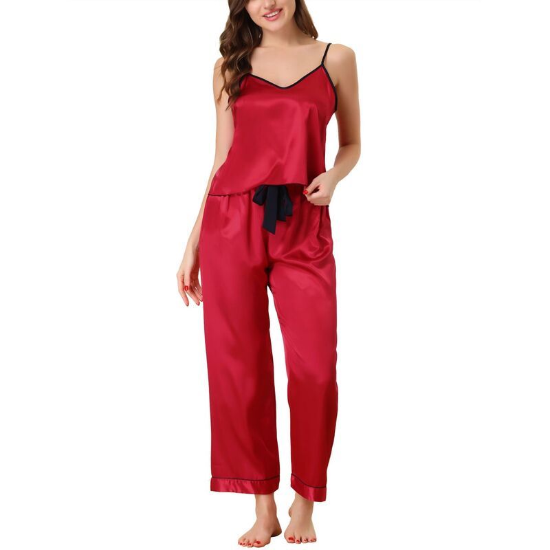 cheibear レディース アンダーウェア ナイトウェア シルク cheibear Womensummer Suspendersoft Ice Silk Pajamas Home Clothes Three Piece Set Red レッド