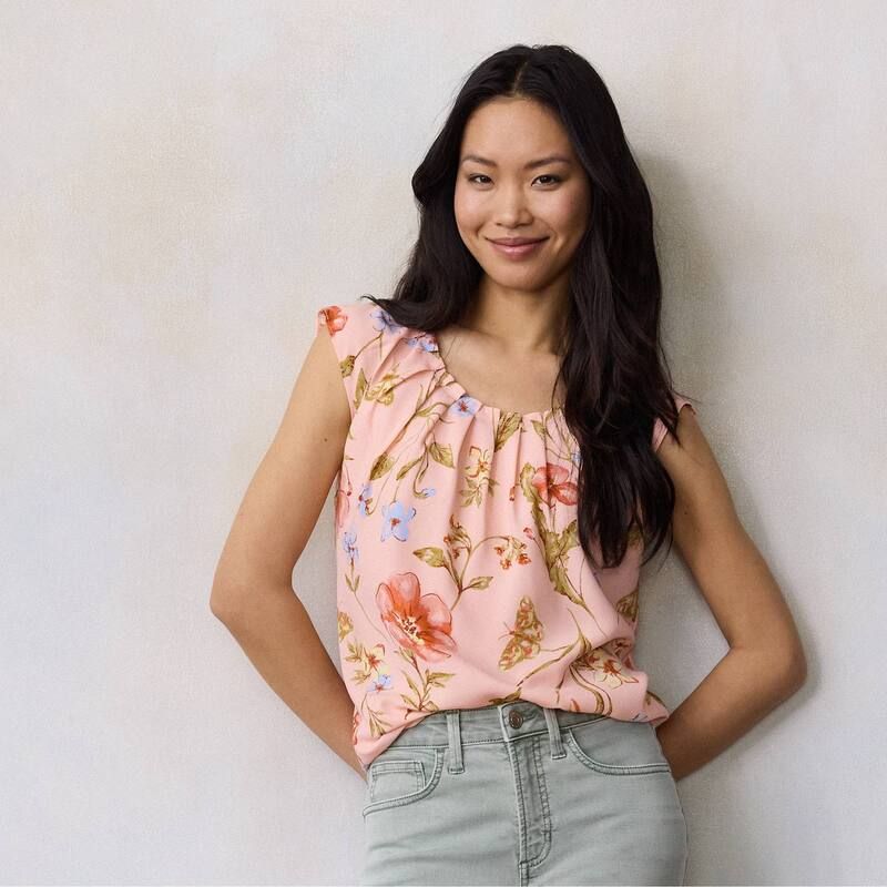 LC Lauren Conrad レディース トップス シャツ プリーツ Womens LC Lauren Conrad Pleated Scoopneck Topink Dahlia Blooms ピンク