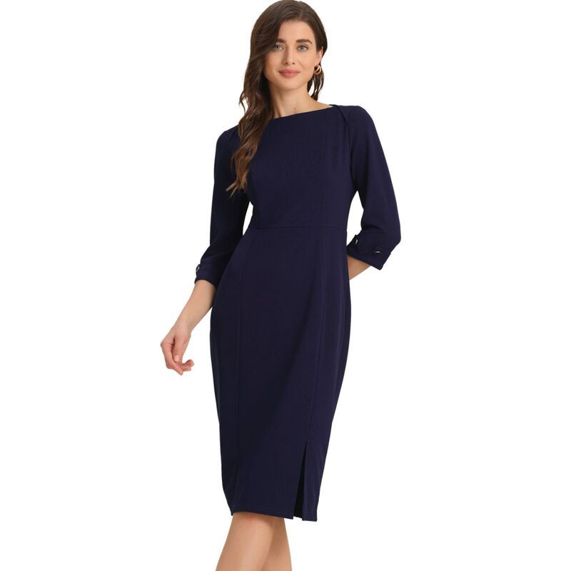 アレグラ ケー レディース トップス ワンピース ミディ ALLEGRA K Womens Elegant Boat Neck 34 Sleeves Wear To Work Midi Split Sheath Dress Navy Blue ネイビー
