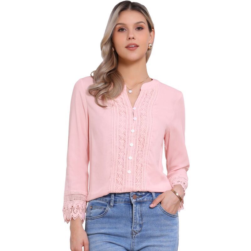 アレグラ ケー レディース トップス シャツ ブラウス レース ALLEGRA K Boho Blouse for Women Half Button Placket Long Sleeve Lace Crochet Blouses Light Pink ピン