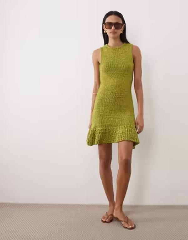 エイソス レディース トップス ワンピース ASOS DESIGN tape yarn dress with frill hem Green グリーン