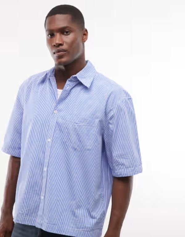 ウィークデイ メンズ トップス シャツ Weekday boxy short sleeve shirt and white stripe Blue stripe ブルー