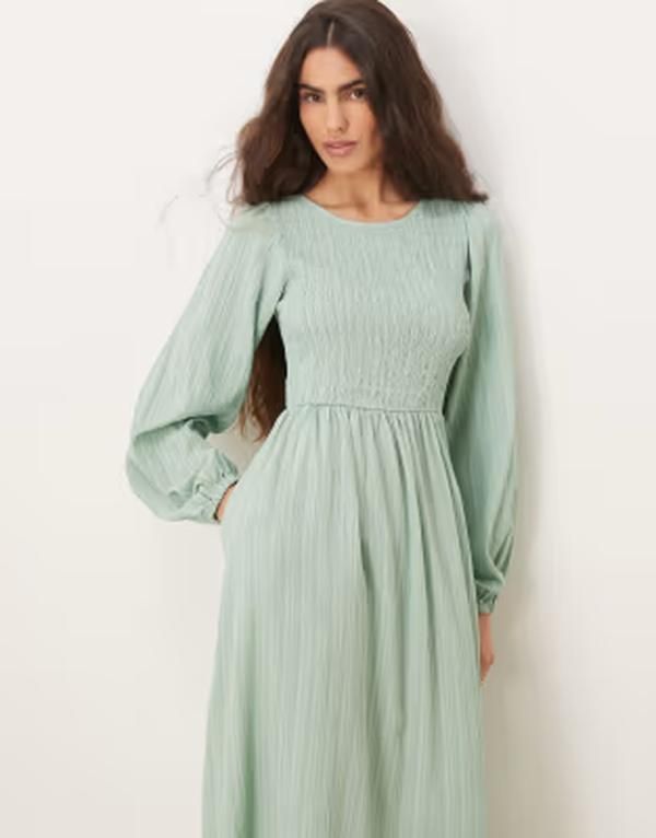 スリードベア レディース トップス ワンピース ミディ Threadbare long sleeve crinkle midi dress in mint ミント