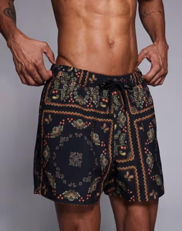 エイソス メンズ 水着 ハーフパンツ・ショーツ プリント ショートパンツ ASOS DESIGN swim shorts in short length in paisley bandana print Black ブラック
