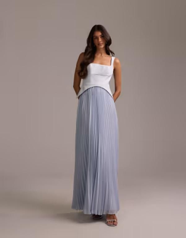 エイソス レディース トップス ワンピース プリーツ スカート マキシ ASOS DESIGN bridesmaids hybrid maxi dress with pleated full skirt BLUE ブルー