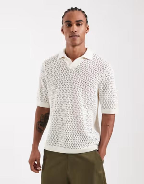 オンリーアンドサンズ メンズ トップス ポロシャツ ニット ONLY SONS open knit split neck polo Cloudancer ホワイト