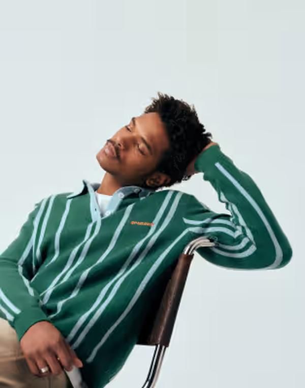 エイソス メンズ トップス ポロシャツ ニット ASOS DESIGN relaxed knit striped polo shirt with chest embroidery GREEN グリーン