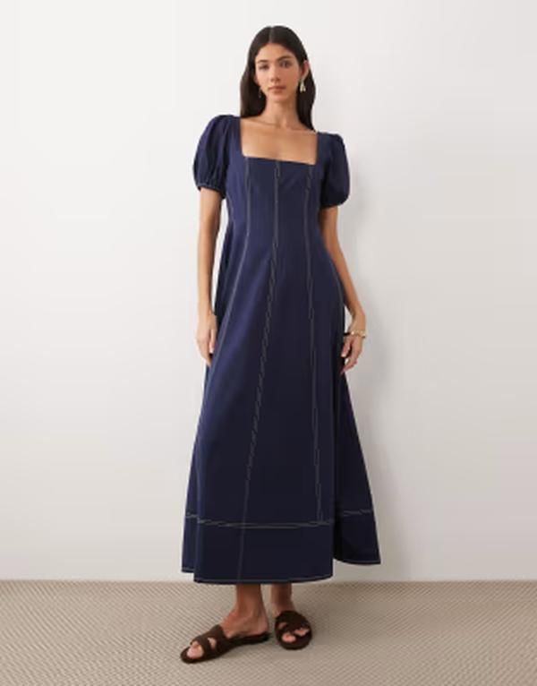 エイソス レディース トップス ワンピース コントラスト マキシ ASOS DESIGN square neck puff sleeve maxi dress with contrastitch seam detailing navy ネイビー