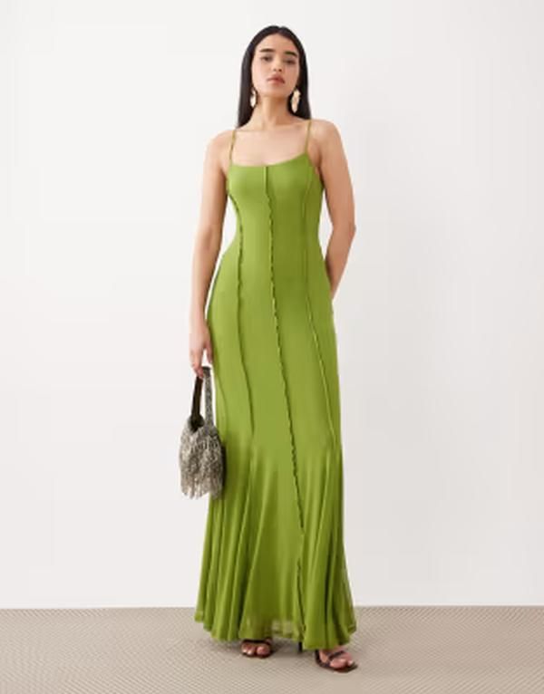 エイソス レディース トップス ワンピース メッシュ マキシ ASOS DESIGN mesh cami seam detail maxi dress Green グリーン