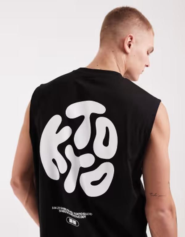 エイソス メンズ トップス ベスト プリント ASOS DESIGN oversized tank with Kyoto bubble text print Black ブラック